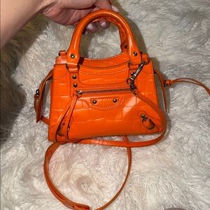 BALENCIAGA Croc-Texture Mini Satchel in Vibrant Orange